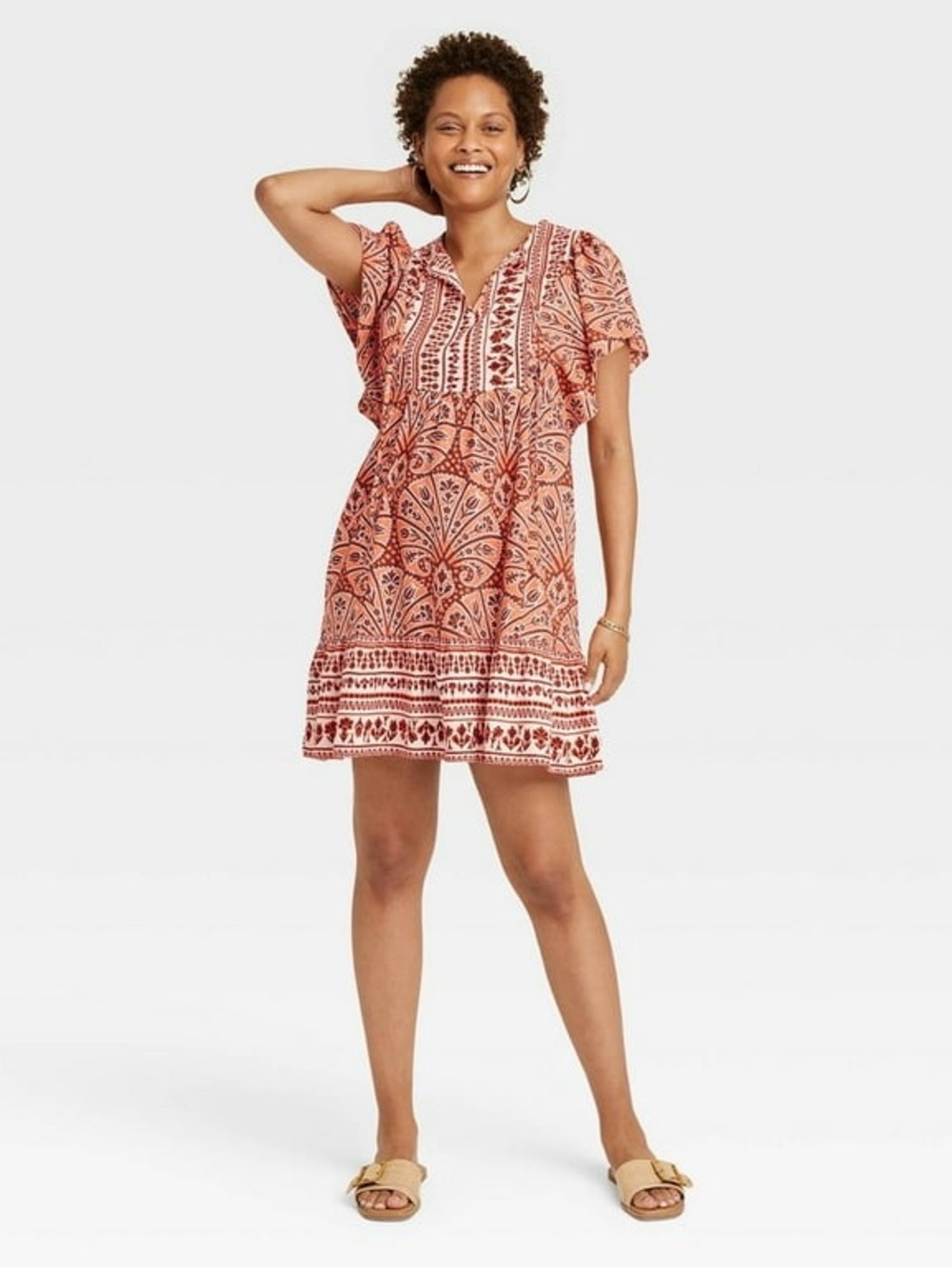 Knox Rose Ruffle Short Sleeve A-Line Dress Flutter 2X Peasant vacation pockets